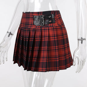 "RED PLAID" BUCKLE SKIRT